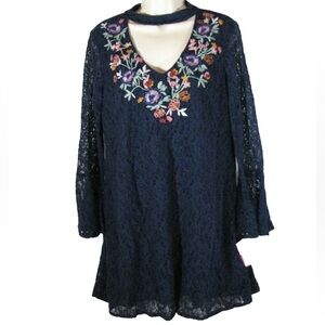 Xhilaration Navy Blue Midi Dress with Floral Embroidery - Size S